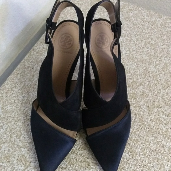 Tory Burch Black Satin Suede Leather Shoes.